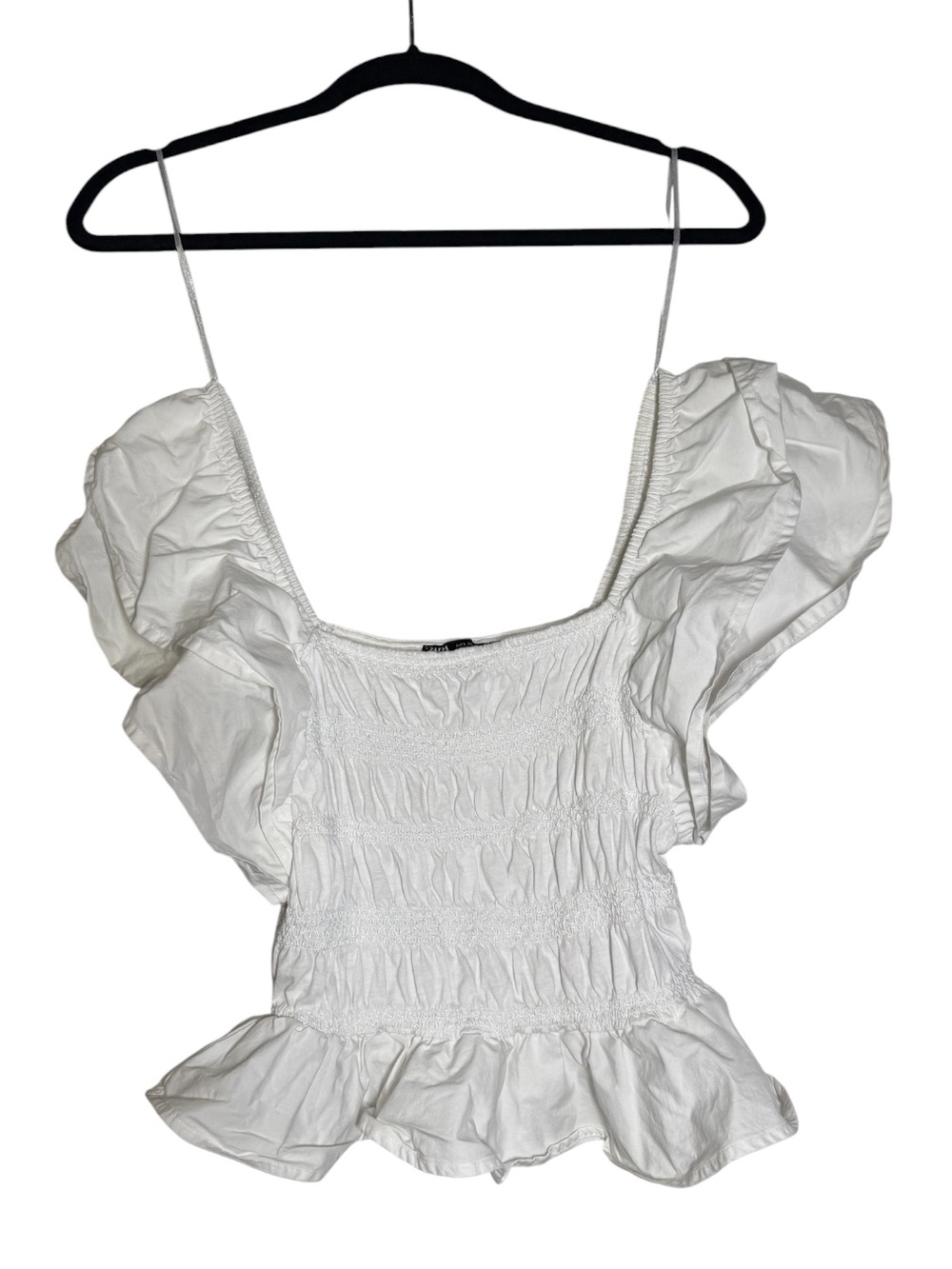 Zara Smocked Crop Top Ruffle Sleeves White Size Large Cute Cotton